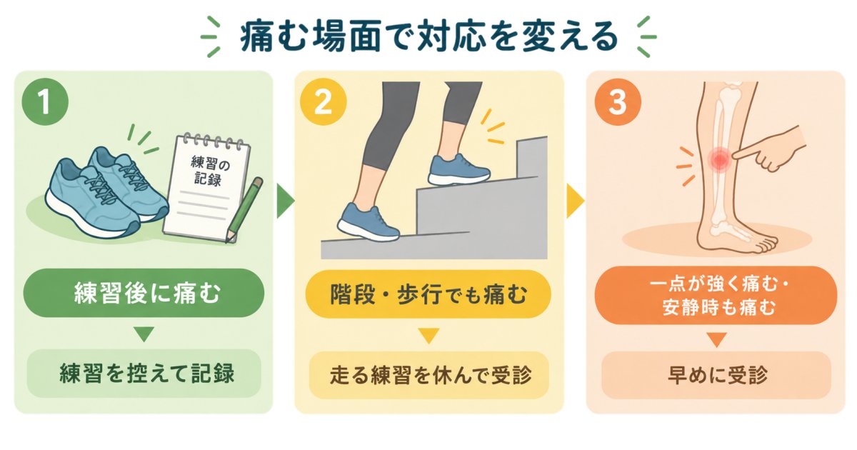 練習後だけの痛みか、階段でも痛むかで対応を変える